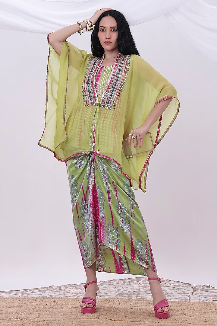 Green Modal & Organza Embroidered Skirt Set by Inddivogue at Pernia's Pop Up Shop