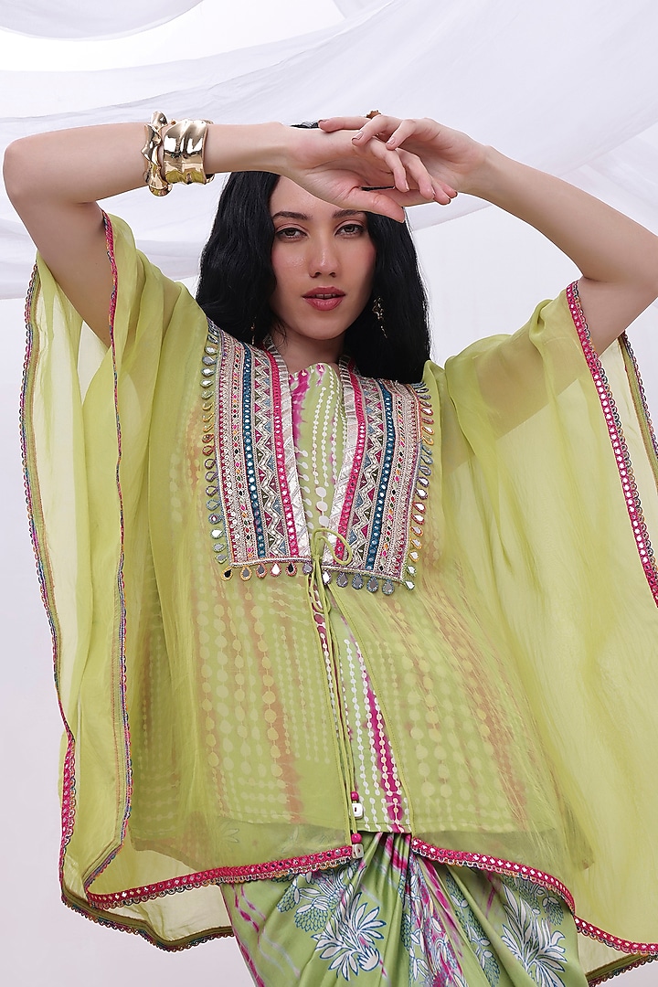 Green Modal & Organza Embroidered Skirt Set by Inddivogue at Pernia's Pop Up Shop