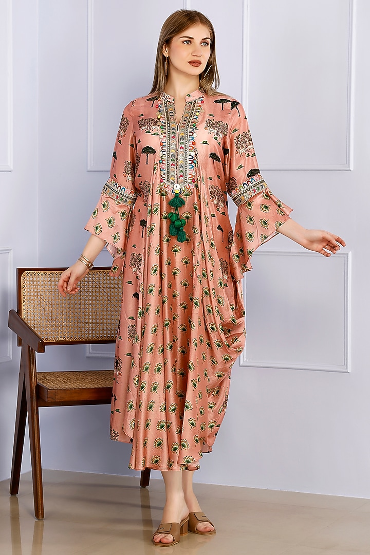 Camel Pink Russian Silk Pichwai Printed Asymmetrical Tunic by Inddivogue at Pernia's Pop Up Shop