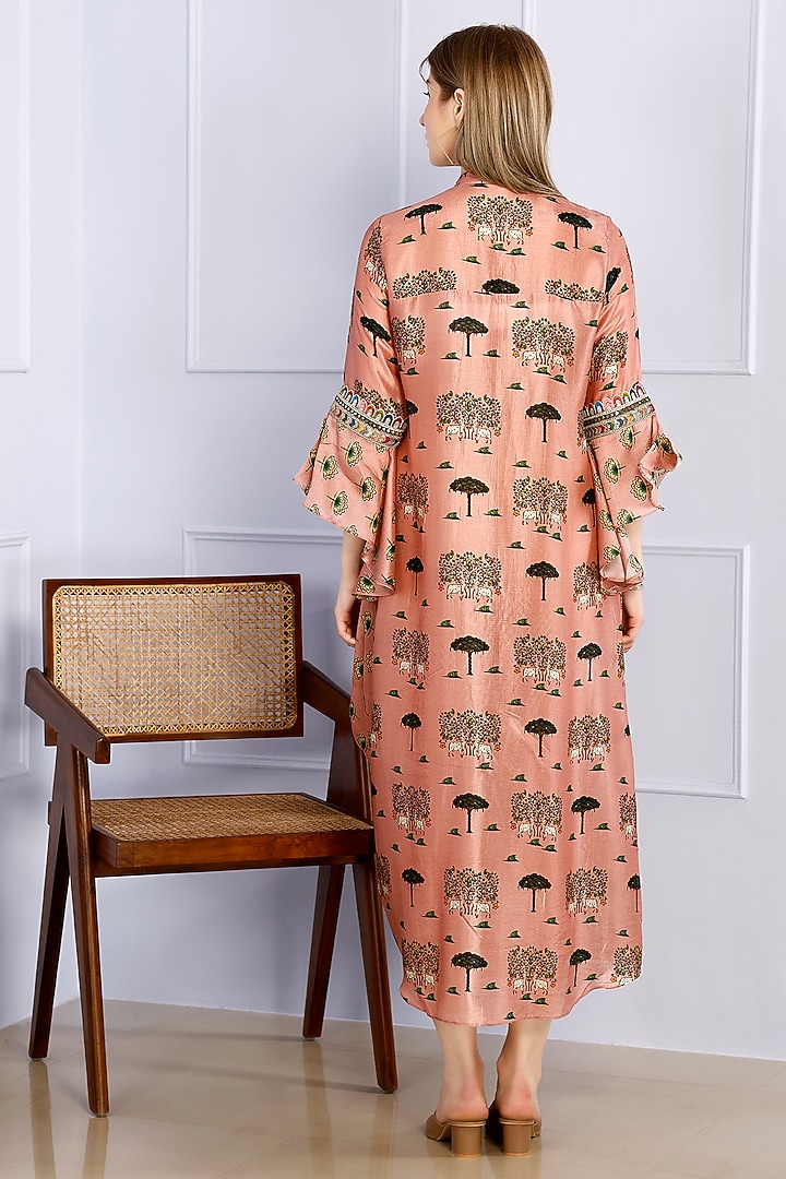 Camel Pink Russian Silk Pichwai Printed Asymmetrical Tunic by Inddivogue at Pernia's Pop Up Shop