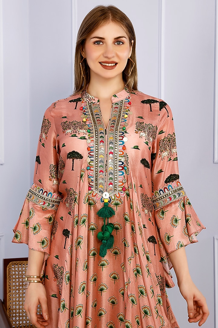 Camel Pink Russian Silk Pichwai Printed Asymmetrical Tunic by Inddivogue at Pernia's Pop Up Shop