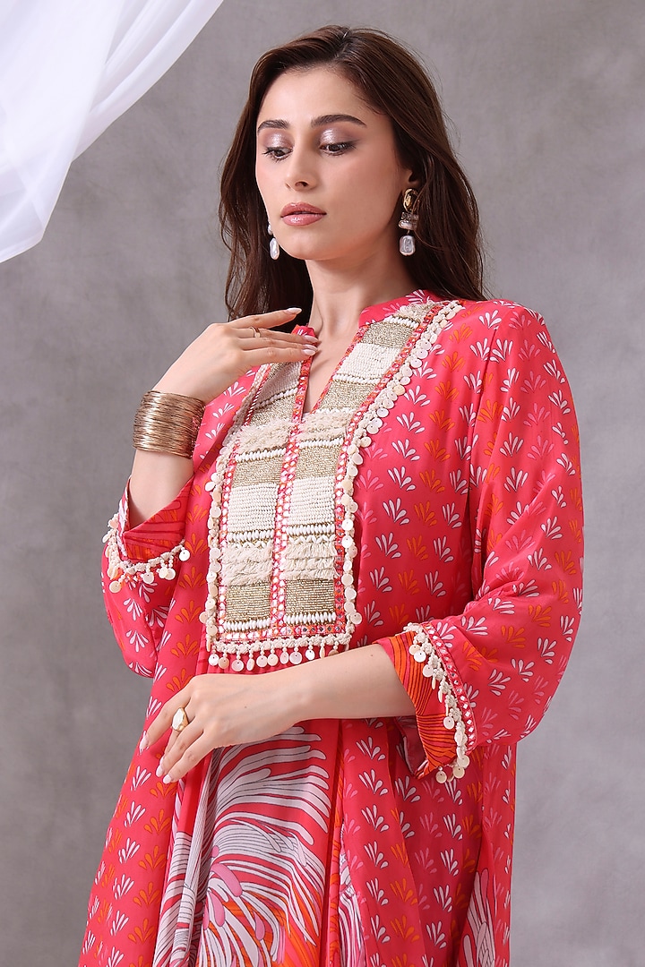 Peachish Pink Crepe Beads Embroidered Asymmetrical Tunic by Inddivogue at Pernia's Pop Up Shop