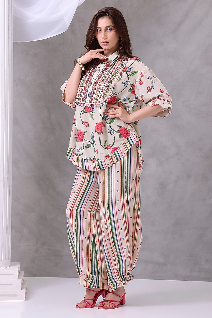 Off-White Crepe Floral Embroidered Co-Ord Set by Inddivogue at Pernia's Pop Up Shop