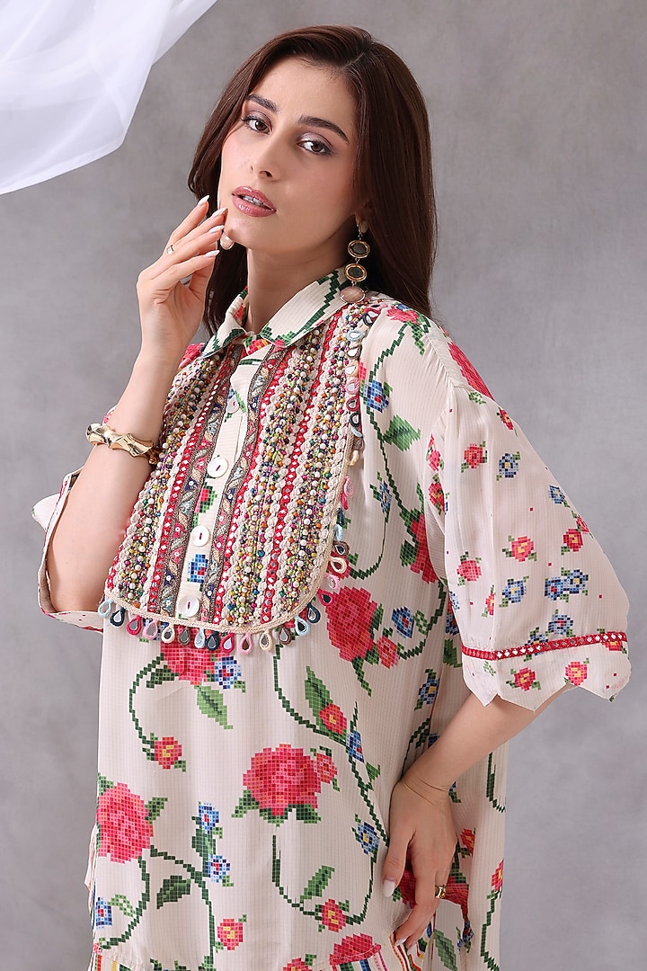 Off-White Crepe Floral Embroidered Co-Ord Set by Inddivogue at Pernia's Pop Up Shop