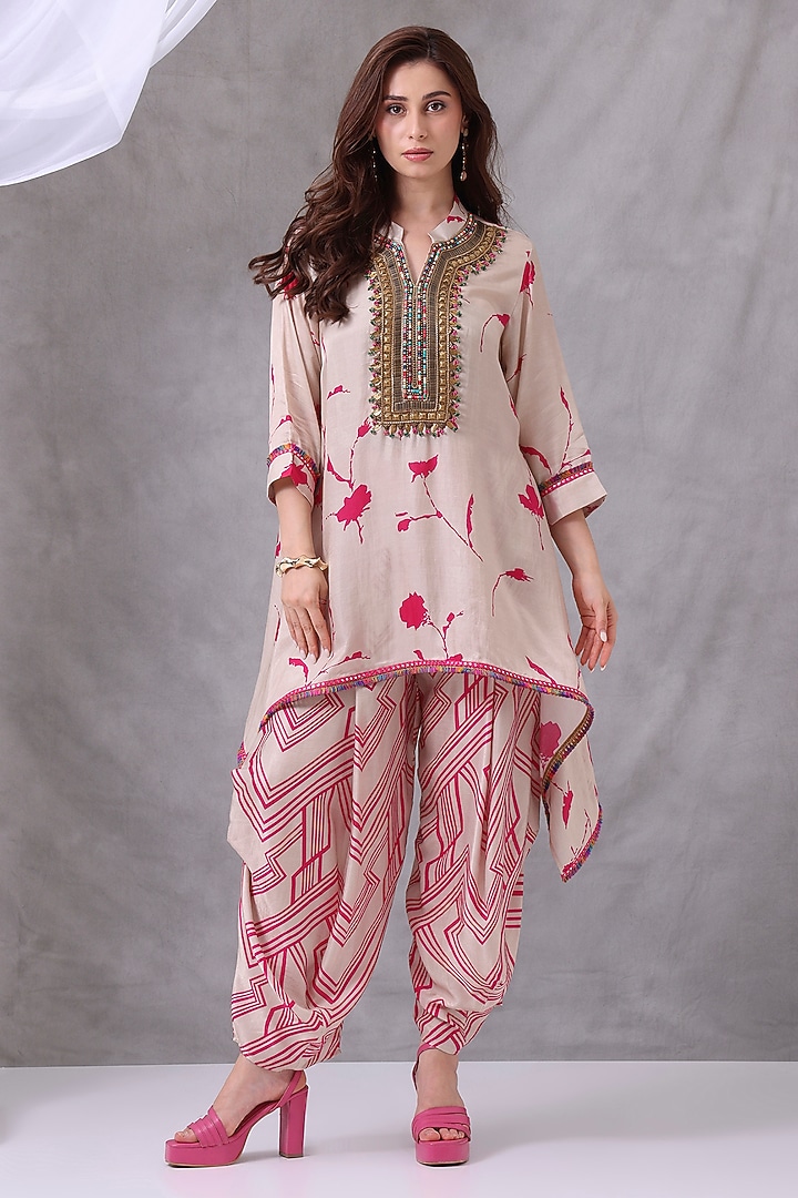 Cream & Pink Gajji Silk Floral Embroidered CO-Ord Set by Inddivogue at Pernia's Pop Up Shop
