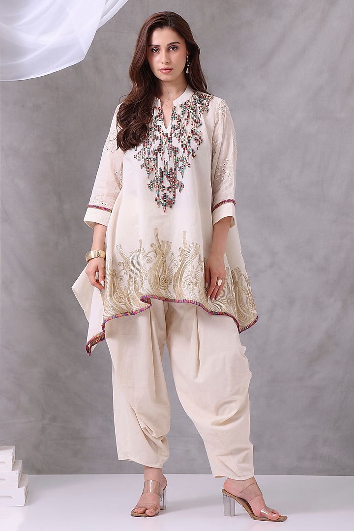 Cream Organic Cotton Foil Hand Work Co-Ord Set by Inddivogue at Pernia's Pop Up Shop