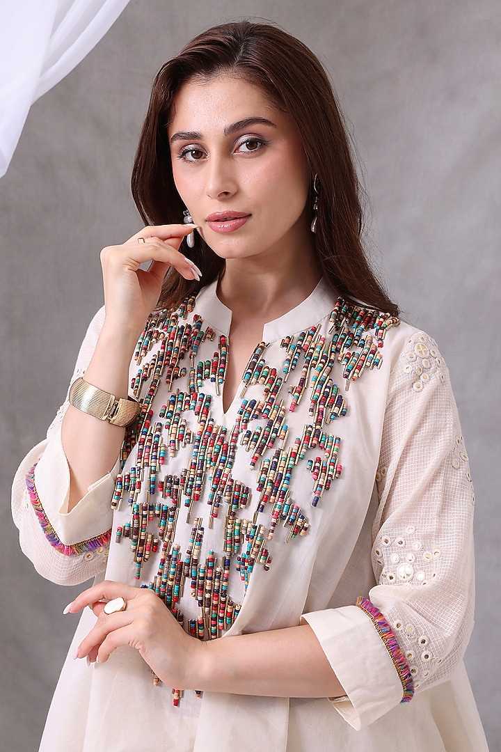 Cream Organic Cotton Foil Hand Work Co-Ord Set by Inddivogue at Pernia's Pop Up Shop