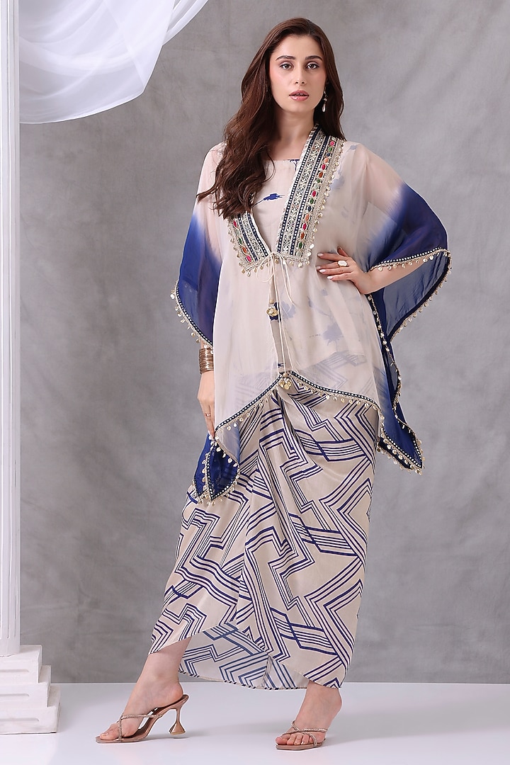 Cream & Blue Gajji Silk Embroidered Skirt Set by Inddivogue at Pernia's Pop Up Shop