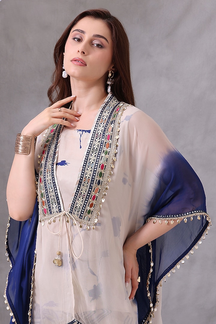 Cream & Blue Gajji Silk Embroidered Skirt Set by Inddivogue at Pernia's Pop Up Shop