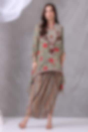 Green Crepe Hand Embroidered Skirt Set by Inddivogue at Pernia's Pop Up Shop