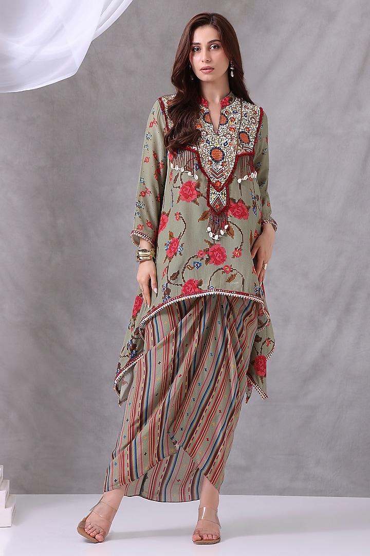 Green Crepe Hand Embroidered Skirt Set by Inddivogue at Pernia's Pop Up Shop