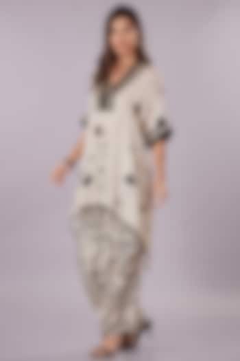 Cream & Black Gajji Silk Floral Cowl Pant Set by Inddivogue at Pernia's Pop Up Shop