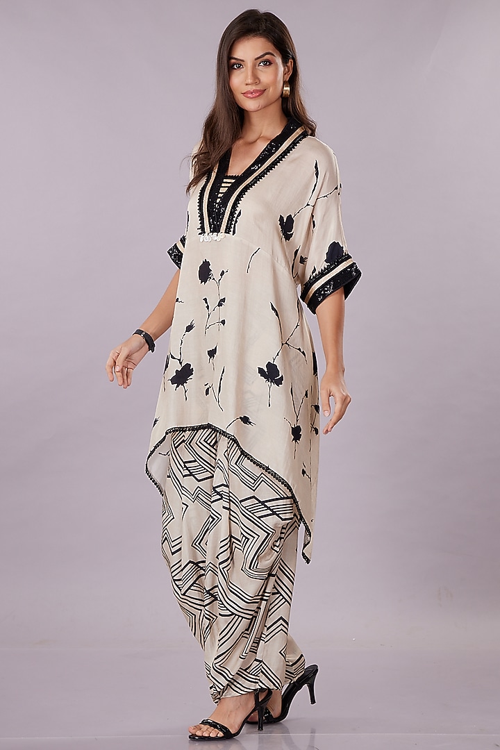 Cream & Black Gajji Silk Floral Cowl Pant Set by Inddivogue at Pernia's Pop Up Shop