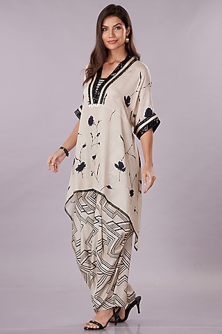 Cream & Black Gajji Silk Floral Cowl Pant Set by Inddivogue