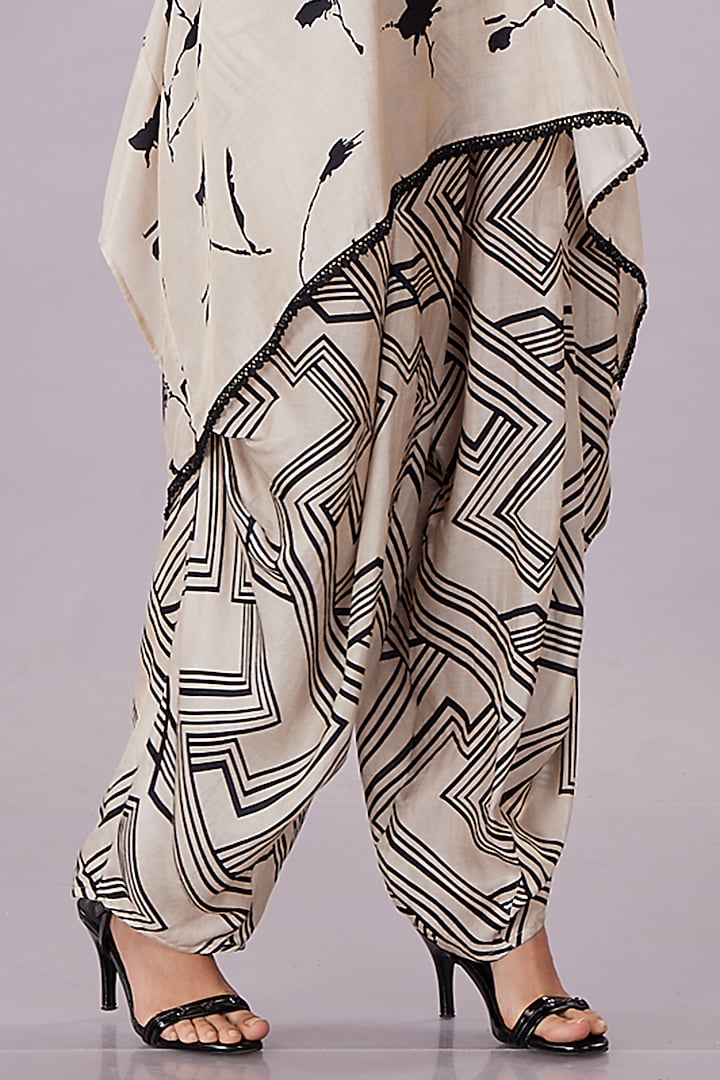 Cream & Black Gajji Silk Floral Cowl Pant Set by Inddivogue at Pernia's Pop Up Shop