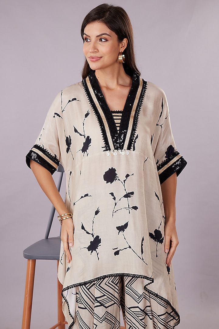 Cream & Black Gajji Silk Floral Cowl Pant Set by Inddivogue at Pernia's Pop Up Shop