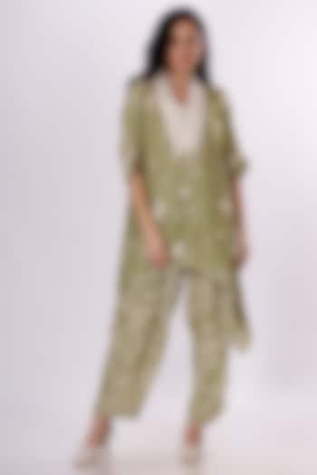 Green & Cream Gajji Silk Floral Cowl Pant Set by Inddivogue at Pernia's Pop Up Shop