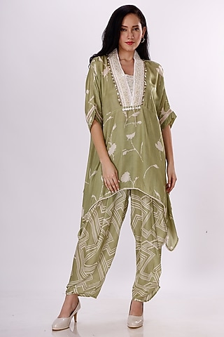 Green & Cream Gajji Silk Floral Cowl Pant Set by Inddivogue