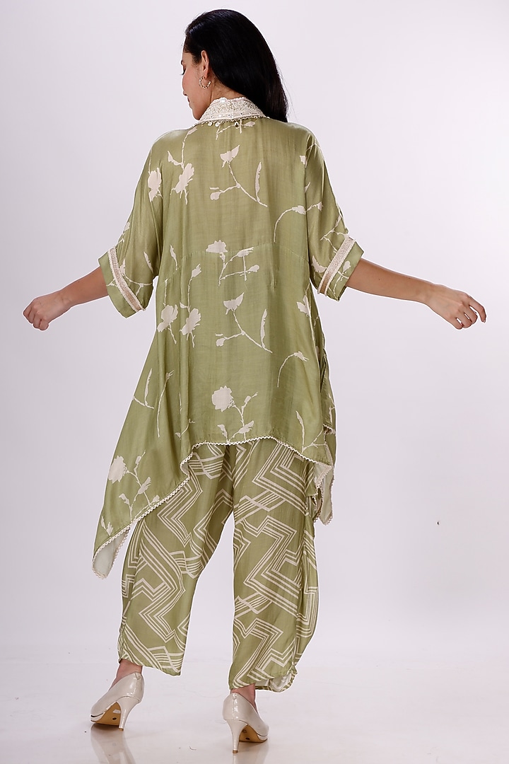 Green & Cream Gajji Silk Floral Cowl Pant Set by Inddivogue at Pernia's Pop Up Shop