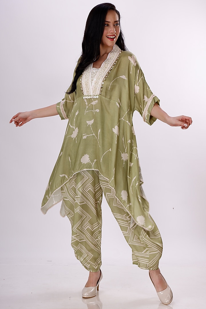Green & Cream Gajji Silk Floral Cowl Pant Set by Inddivogue at Pernia's Pop Up Shop