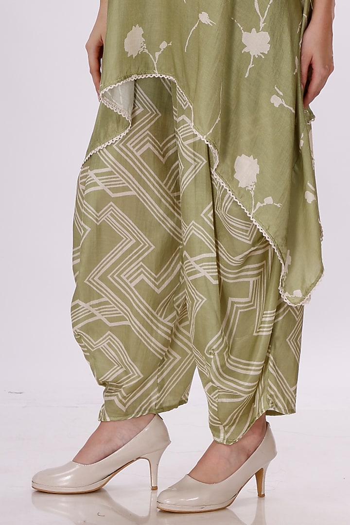Green & Cream Gajji Silk Floral Cowl Pant Set by Inddivogue at Pernia's Pop Up Shop
