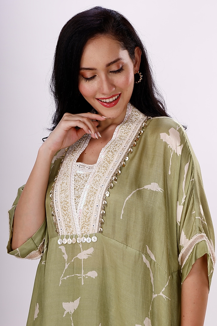 Green & Cream Gajji Silk Floral Cowl Pant Set by Inddivogue at Pernia's Pop Up Shop
