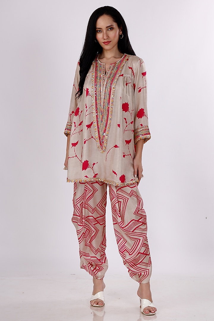 Cream & Pink Gajji Silk Floral Cowl Pant Set by Inddivogue at Pernia's Pop Up Shop