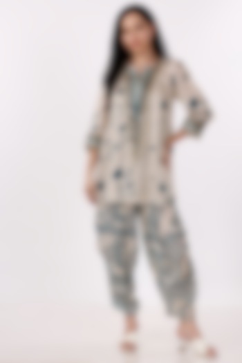 Cream & Teal Gajji Silk Floral Cowl Pant Set by Inddivogue at Pernia's Pop Up Shop