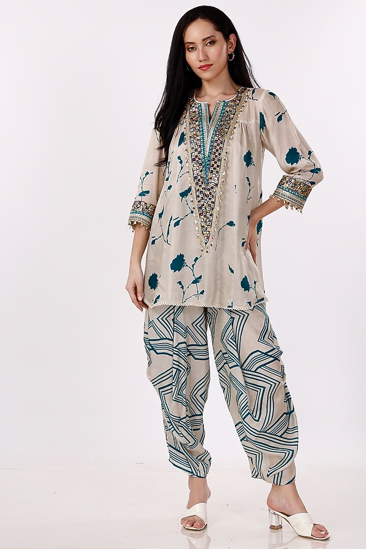 Cream & Teal Gajji Silk Floral Cowl Pant Set by Inddivogue at Pernia's Pop Up Shop