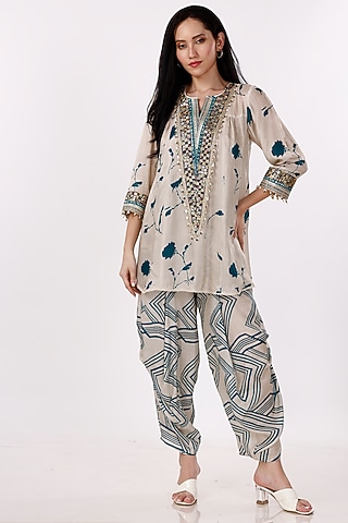 Cream & Teal Gajji Silk Floral Cowl Pant Set by Inddivogue