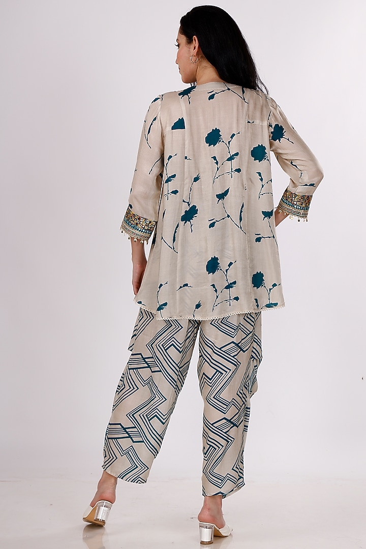 Cream & Teal Gajji Silk Floral Cowl Pant Set by Inddivogue at Pernia's Pop Up Shop