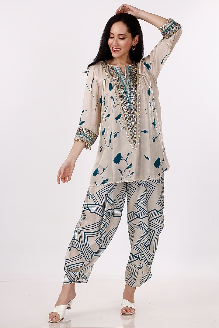 Cream & Teal Gajji Silk Floral Cowl Pant Set by Inddivogue at Pernia's Pop Up Shop