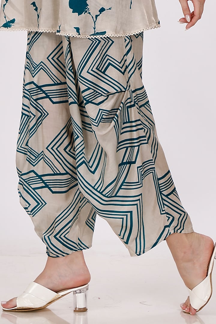 Cream & Teal Gajji Silk Floral Cowl Pant Set by Inddivogue at Pernia's Pop Up Shop
