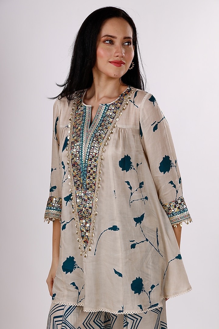 Cream & Teal Gajji Silk Floral Cowl Pant Set by Inddivogue at Pernia's Pop Up Shop