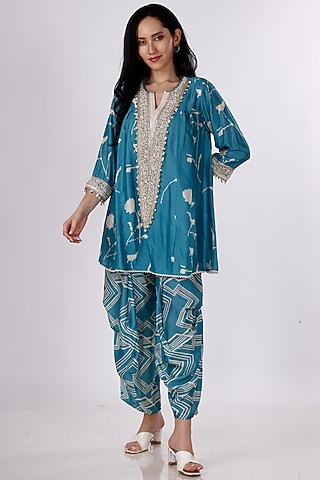 Blue & Cream Gajji Silk Floral Cowl Pant Set by Inddivogue