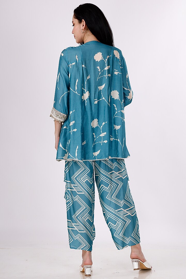 Blue & Cream Gajji Silk Floral Cowl Pant Set by Inddivogue at Pernia's Pop Up Shop
