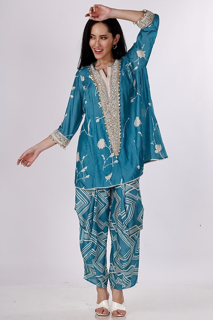 Blue & Cream Gajji Silk Floral Cowl Pant Set by Inddivogue at Pernia's Pop Up Shop