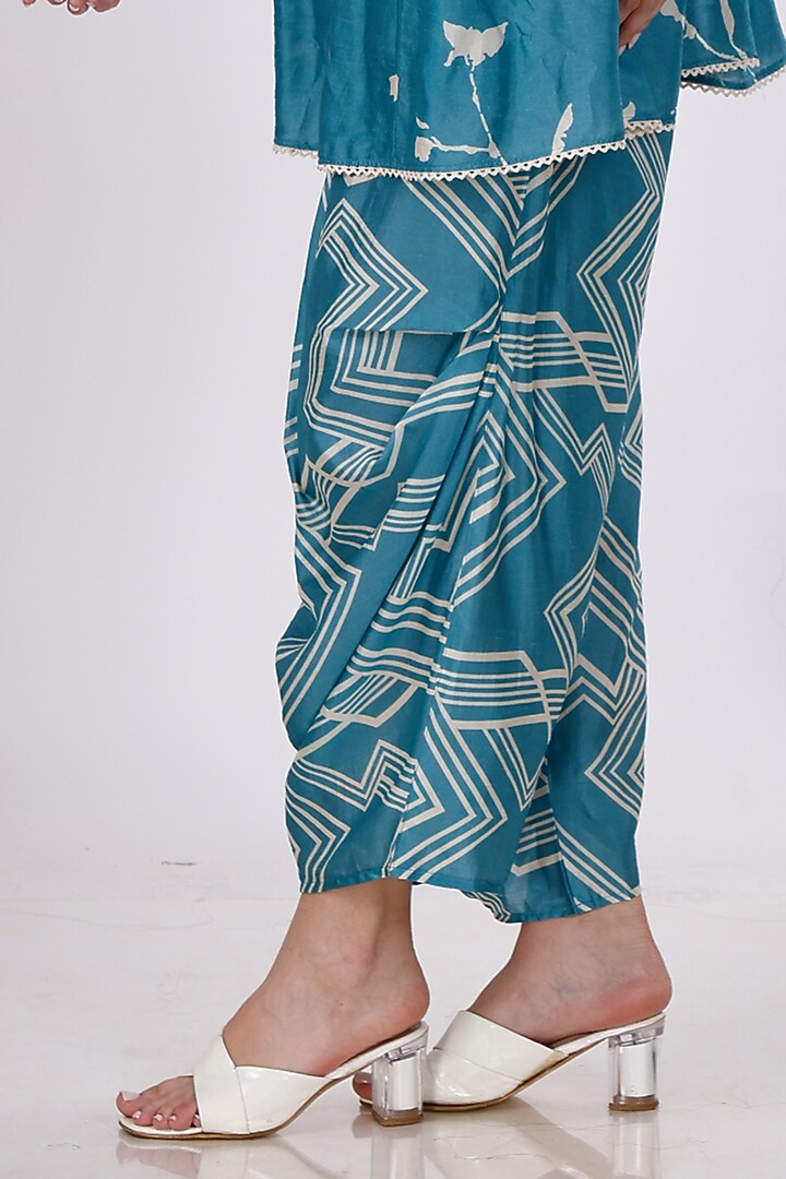 Blue & Cream Gajji Silk Floral Cowl Pant Set by Inddivogue at Pernia's Pop Up Shop