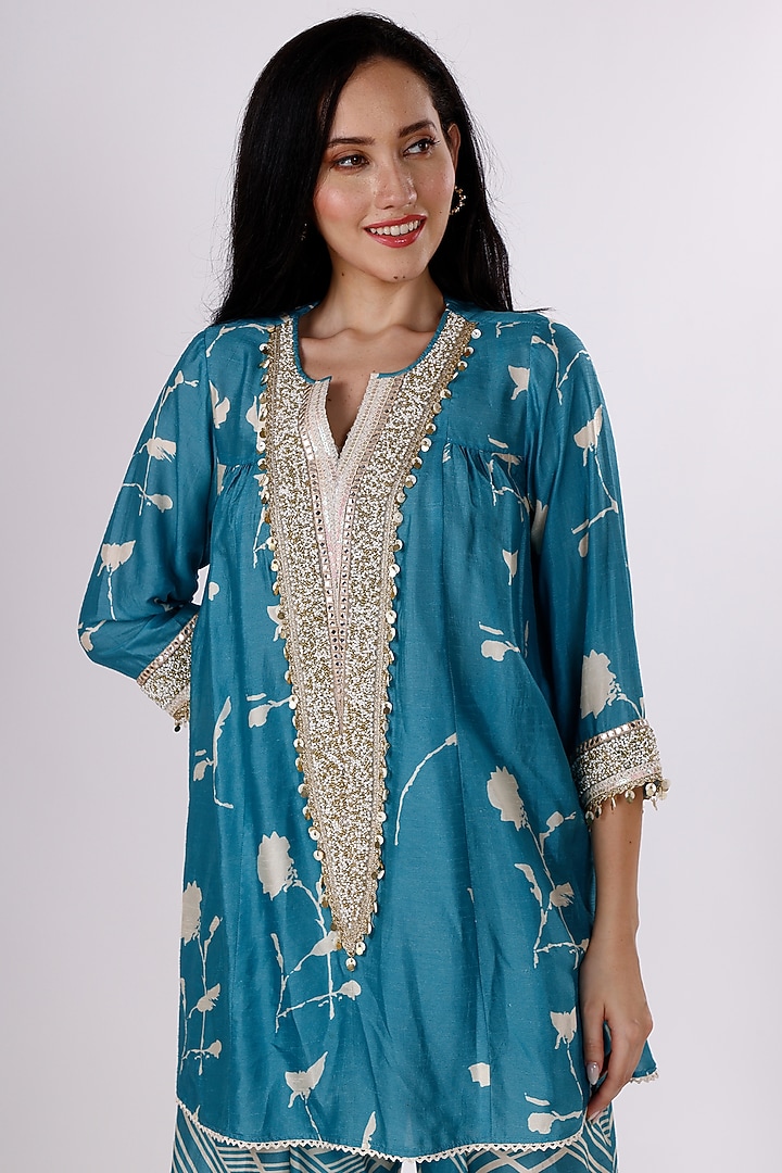 Blue & Cream Gajji Silk Floral Cowl Pant Set by Inddivogue at Pernia's Pop Up Shop