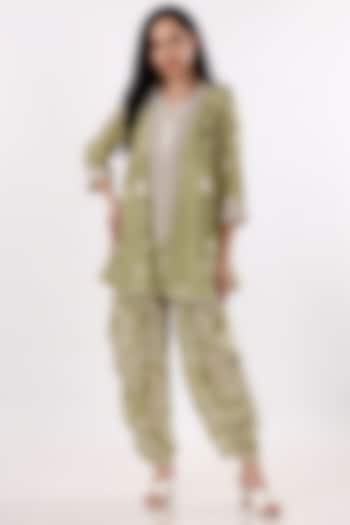 Green & Cream Gajji Silk Floral Cowl Pant Set by Inddivogue at Pernia's Pop Up Shop