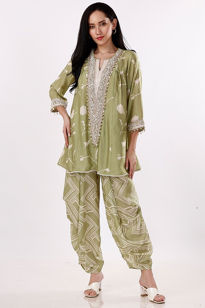 Green & Cream Gajji Silk Floral Cowl Pant Set by Inddivogue at Pernia's Pop Up Shop
