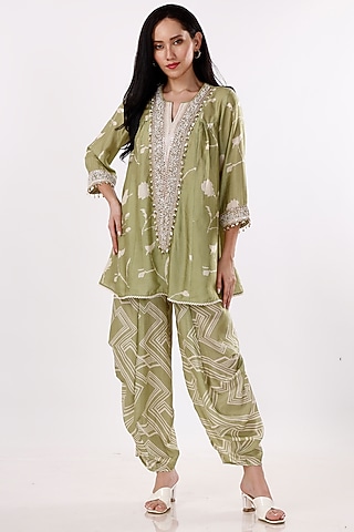 Green & Cream Gajji Silk Floral Cowl Pant Set by Inddivogue
