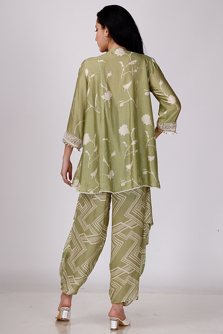 Green & Cream Gajji Silk Floral Cowl Pant Set by Inddivogue at Pernia's Pop Up Shop