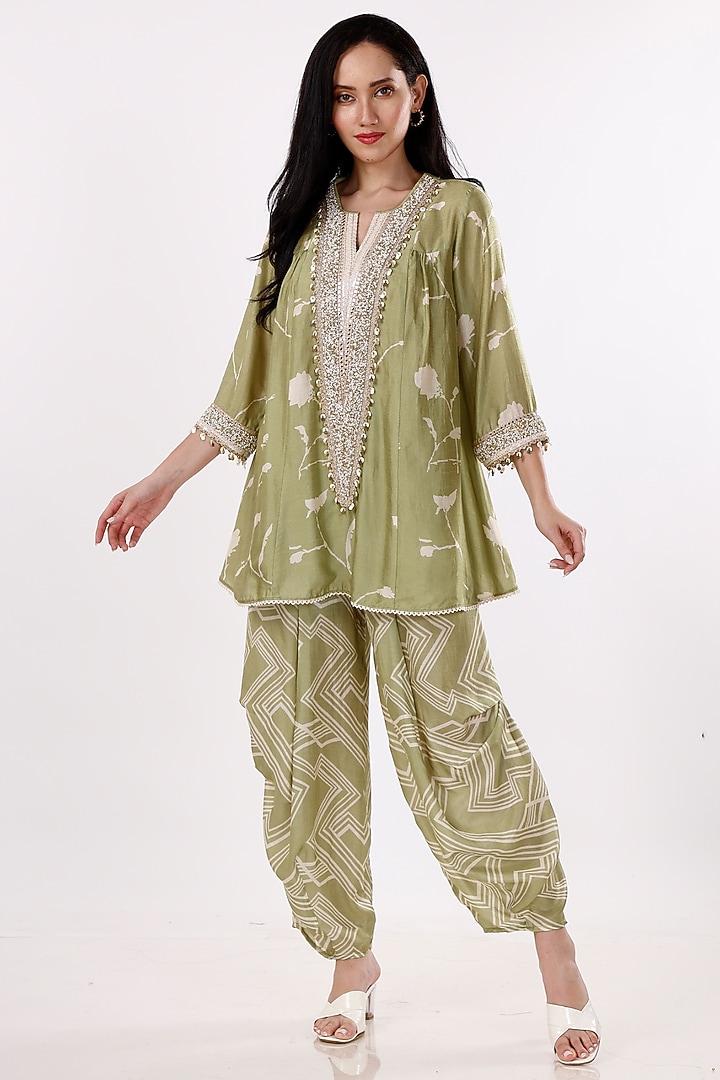 Green & Cream Gajji Silk Floral Cowl Pant Set by Inddivogue at Pernia's Pop Up Shop