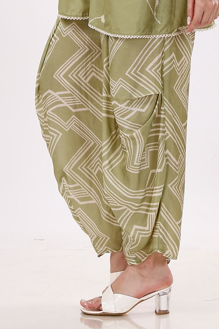 Green & Cream Gajji Silk Floral Cowl Pant Set by Inddivogue at Pernia's Pop Up Shop