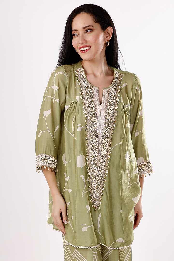 Green & Cream Gajji Silk Floral Cowl Pant Set by Inddivogue at Pernia's Pop Up Shop