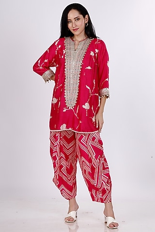 Pink & Cream Gajji Silk Floral Cowl Pant Set by Inddivogue