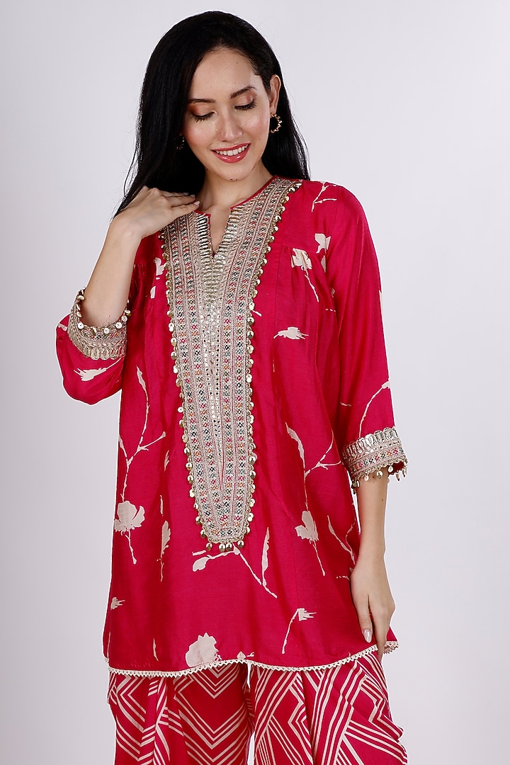 Pink & Cream Gajji Silk Floral Cowl Pant Set by Inddivogue at Pernia's Pop Up Shop