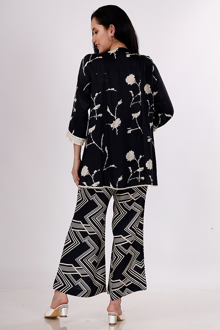 Black & Cream Gajji Silk Floral Pant Set by Inddivogue at Pernia's Pop Up Shop