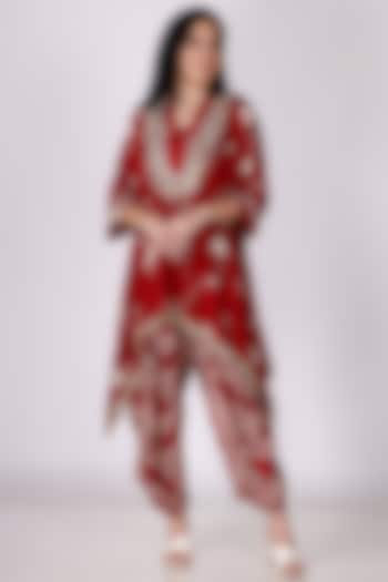 Maroon & Cream Gajji Silk Floral Cowl Pant Set by Inddivogue at Pernia's Pop Up Shop